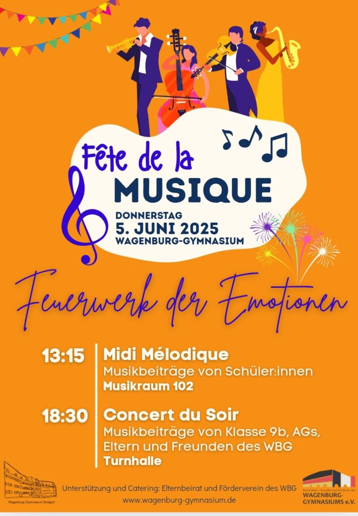 Plakat: Fête de la Musique, Musiker-Silhouetten, Veranstaltung am 5. Juni 2025, Wagenburg-Gymnasium.