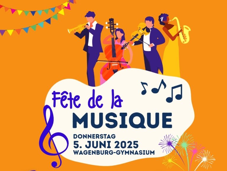 Plakat: Fête de la Musique, Musiker-Silhouetten, Veranstaltung am 5. Juni 2025, Wagenburg-Gymnasium.