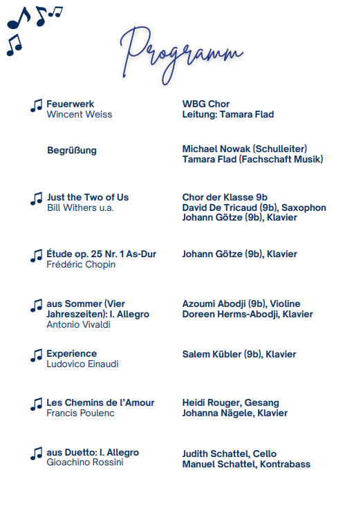 Programmübersicht mit Musikstücken und Interpreten in blauer Schrift auf weißem Hintergrund.
