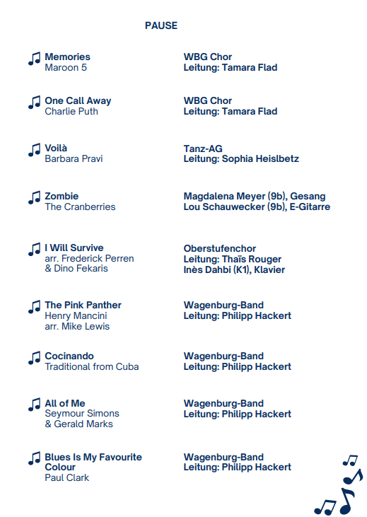 Liste von Musiktiteln und Interpreten, in zwei Spalten mit einer Pause dazwischen.
