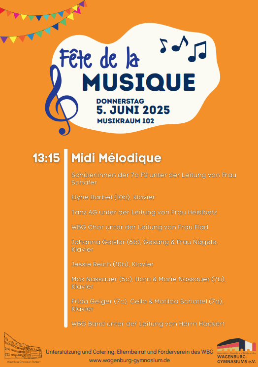Fête de la Musique Plakat, bunte Notensymbole und Programm am 5. Juni 2025, 13:15 Uhr.