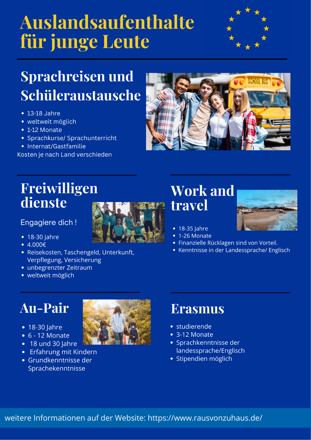 Blaues Werbeplakat für Auslandsaufenthalte in Europa mit mehreren informativen Abschnitten.