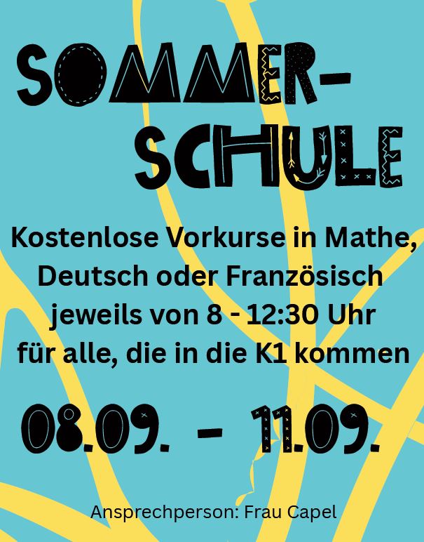Buntes Plakat für Sommerkurs mit Text zu kostenlosen Mathe- und Sprachkursen.