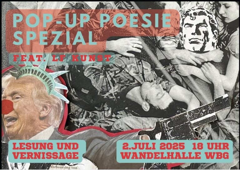 Collage mit überlagernden Fotos, Karikaturen und Farben. Präsenter Text im Vordergrund.