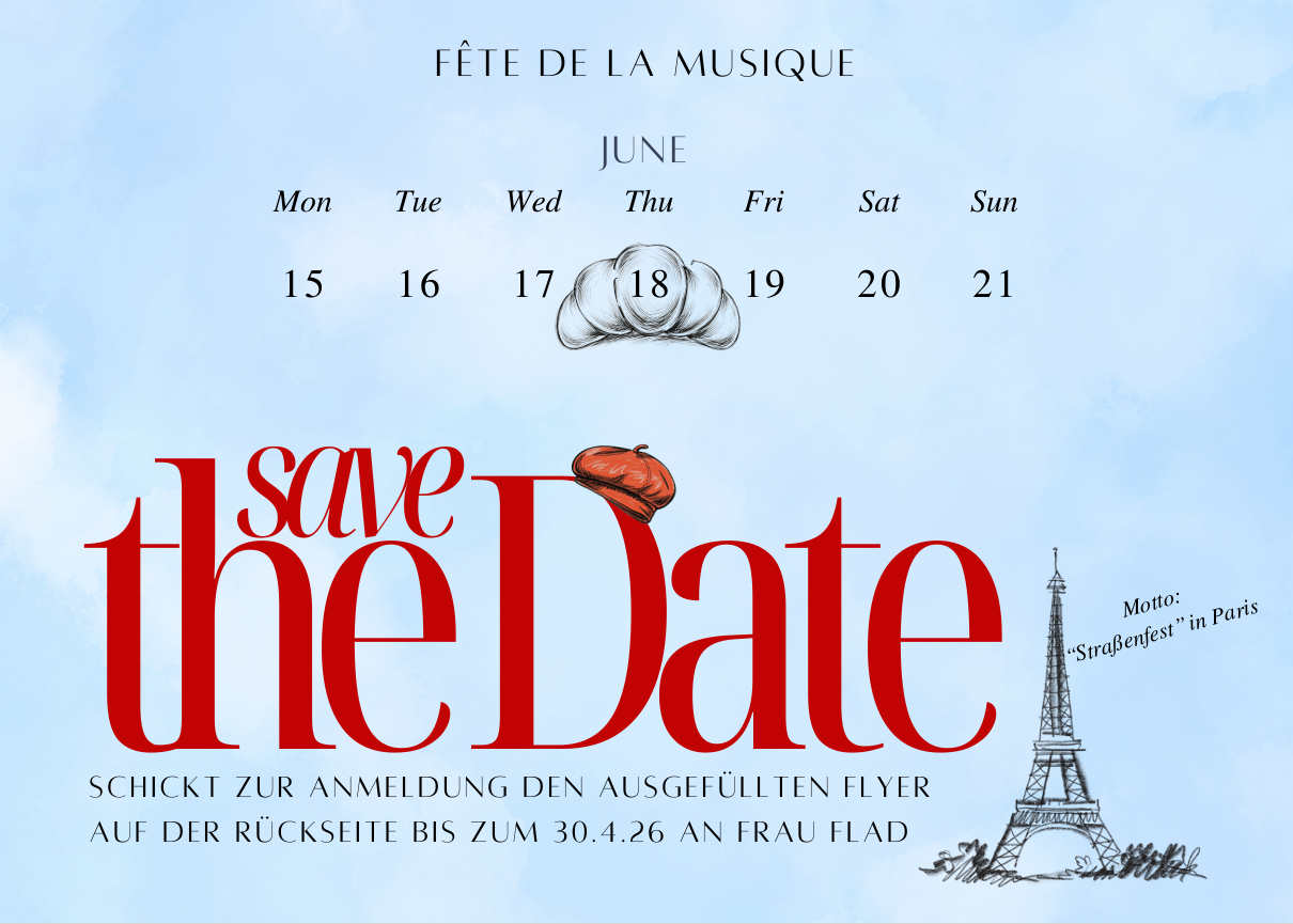 Save the Date Einladung mit Kalender, rotem Schriftzug und Eiffelturm auf blauem Hintergrund
