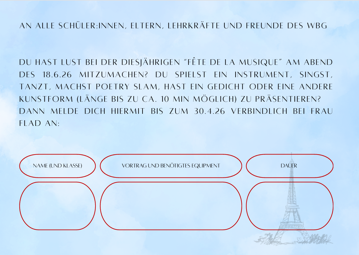 Blaues Plakat mit Einladung zur Fête de la Musique und illustriertem Eiffelturm links unten
