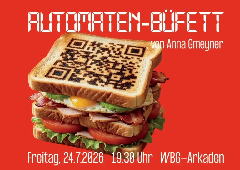 Sandwich mit QR Code Toast, bunt belegt, roter Hintergrund, Plakattext