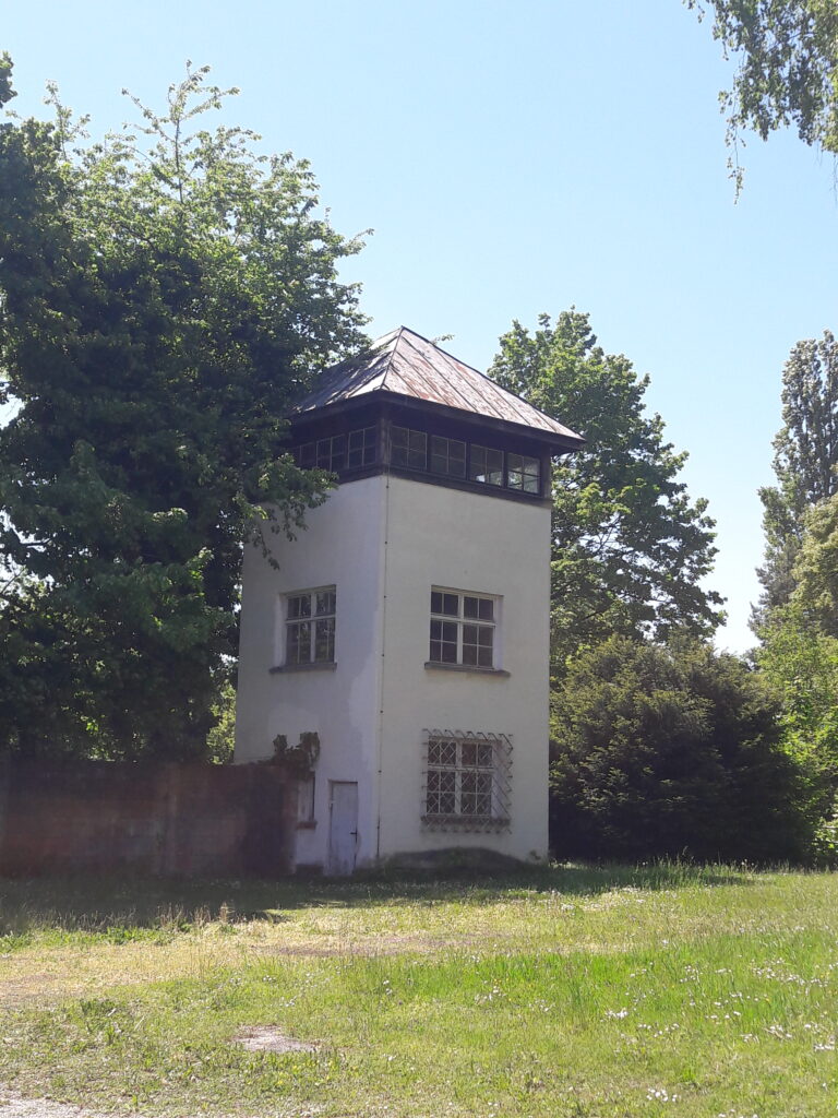 Weisser Wachturm mit dunklem Dach und Fenstern in gruener Wiese vor blauem Himmel