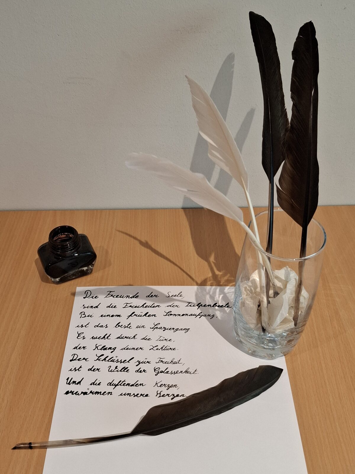 Federkiel mit Tinte auf deutschem Text, stille Stimmung, schwarz weiß braun