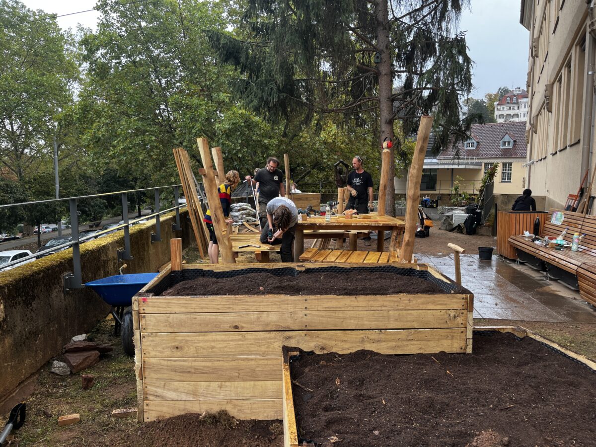 Menschen bauen gemeinsam Hochbeete aus Holz in einem Schulgarten im Freien