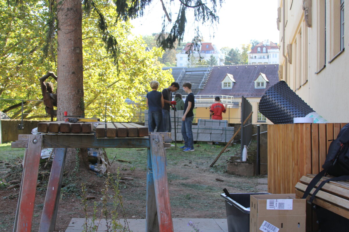 Jugendliche arbeiten konzentriert an einem Gartenprojekt mit Steinen und Holz